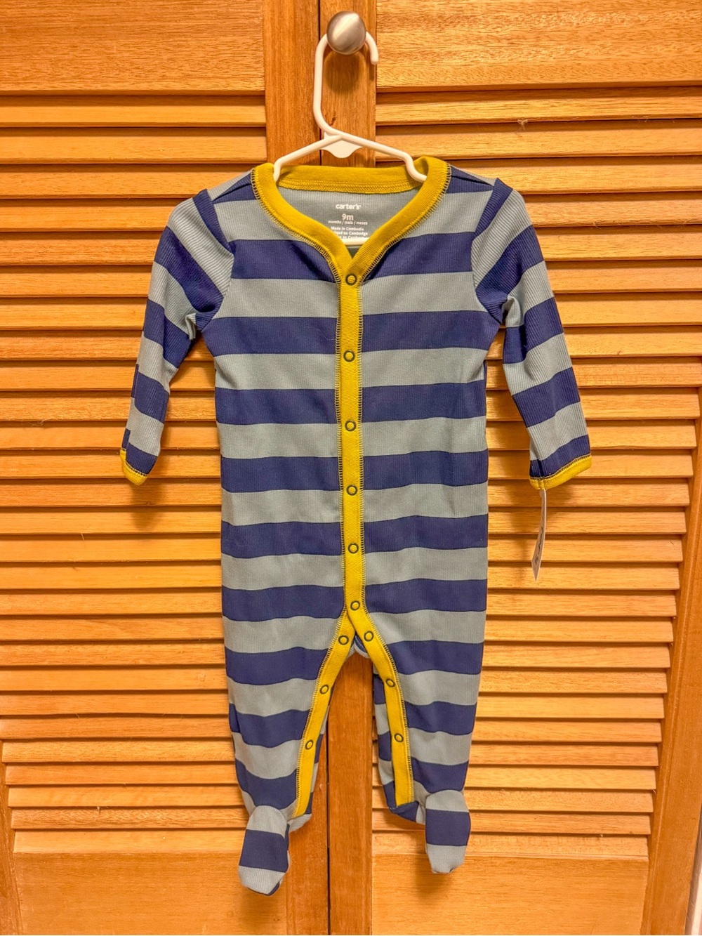 NWT Carter's Blue and Gray Striped Footed One-Piece with Yellow Trim